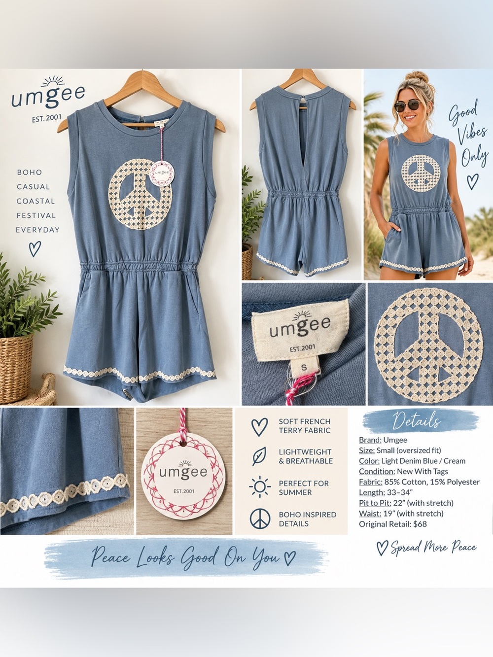 Umgee Light Denim Blue Girls' Sleeveless Peace Sign Romper with Cream Crochet